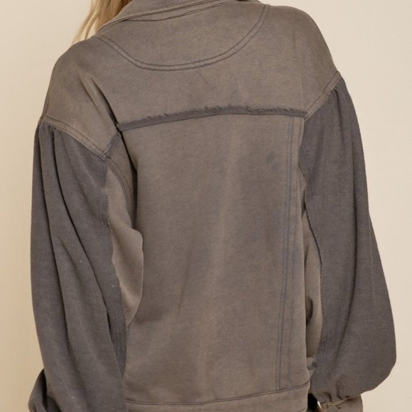 POL Ash Charcoal Boho Shirt Jacket Shacket | Mixed French Terry Fabrication - Picture 6 of 6